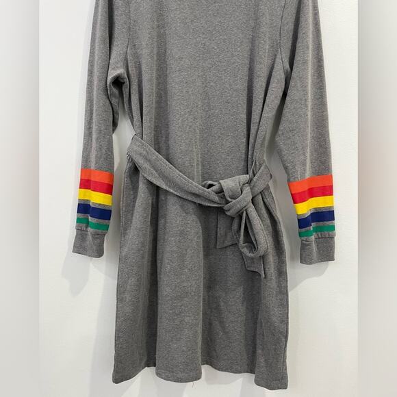 Torrid Gray Cozy Fleece Shift Dress with Rainbow Cuffed Sleeves Tie Waist 1X - Picture 5 of 9